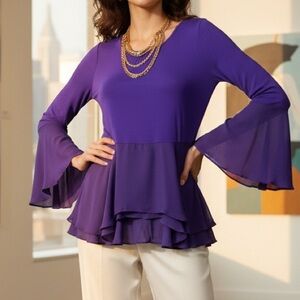 Purple Peplum Bell Sleeve Elle Chiffon Hem Layered Blouse Size M Medium